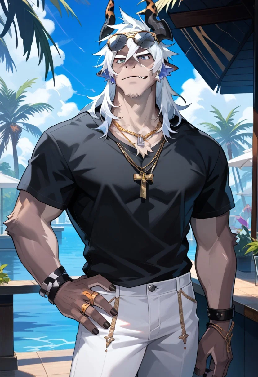 score_9,score_8_up,score_7_up,source_anime, Istvan (Alchemy Stars),solo,looking at viewer,shirt,1boy,jewelry,male focus,pants,necklace,bracelet,hand on hip,black shirt,muscular,sunglasses,pectorals,muscular male,bara,eyewear on head,white pants,chain necklace,