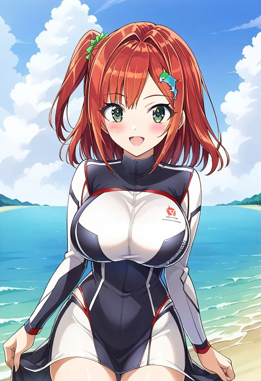 score 9, score 8 up, source anime, masterpiece, best quality, detailed eyes, detailed face, 1girl, solo, cowboy shot, outdoors, sky, blush, smile,
front view, facing viewer,
Iruka Sakimiya, green eyes, red hair, one side up, large breasts,