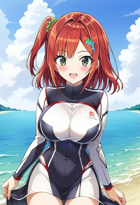 score 9, score 8 up, source anime, masterpiece, best quality, detailed eyes, detailed face, 1girl, solo, cowboy shot, outdoors, sky, blush, smile,
front view, facing viewer, 
Iruka Sakimiya, green eyes, red hair, one side up, large breasts,