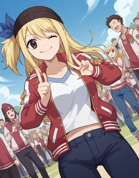 score_9, score_8_up, score_7_up, source_anime, lucyheartfilia, <lora:lucy-heartfilia-s7-ponyxl-lora-nochekaiser:1>, lucy heartfilia, blonde hair, brown eyes, long hair, one side up, ribbon, hair ribbon, blue ribbon, large breasts,, <lora:letterman-jacket-ponyxl-lora-nochekaiser:1>, letterman jacket, jacket,, outdoors, crowd, people, v, v over eye, one eye closed, tongue out, smile, beanie, pants, open clothes, open jacket,, cowboy shot, solo, looking at viewer, dutch angle,