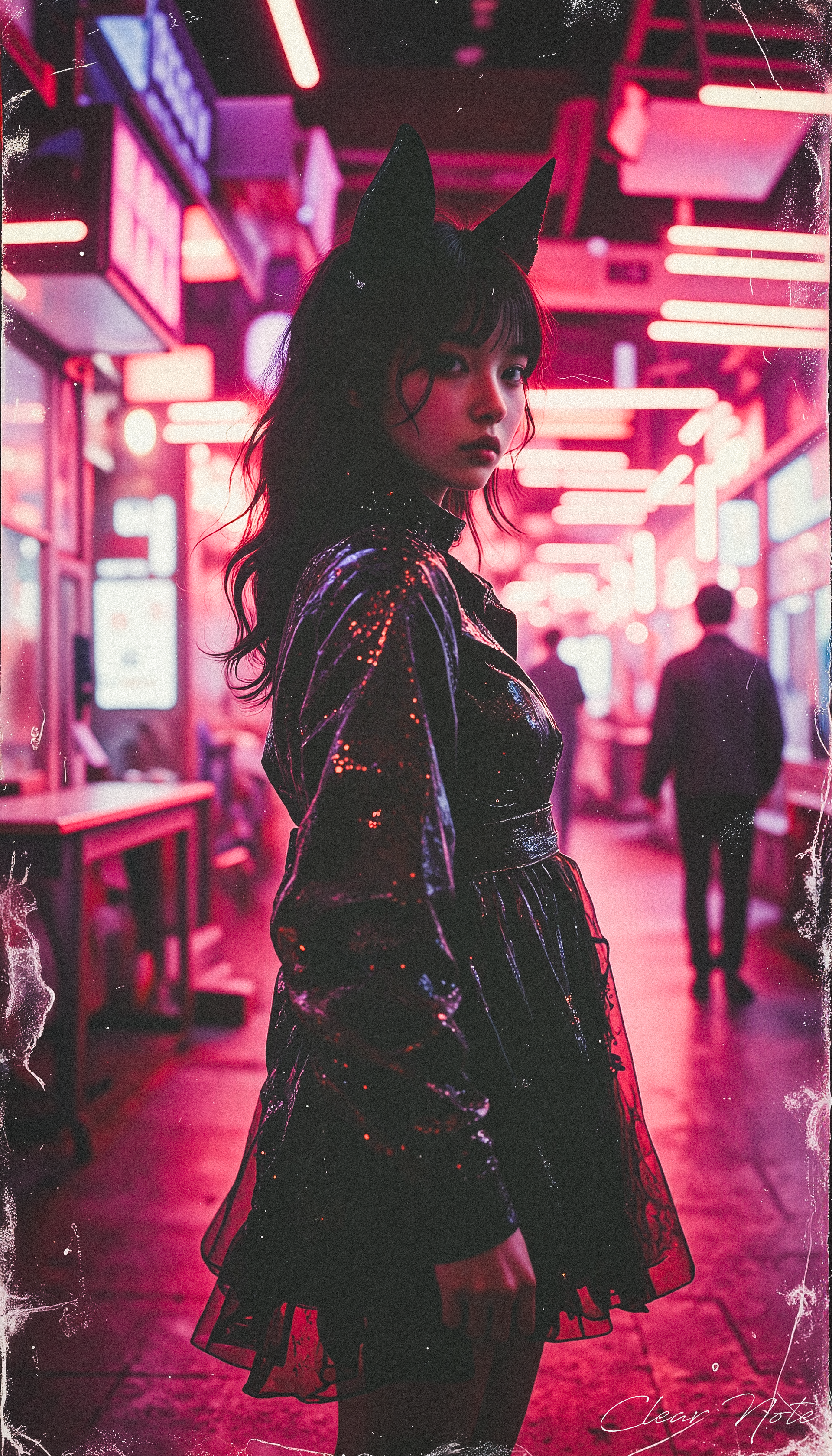 Neo Photorealistic Art Style, A Japanese girl with long fox ears and flowing black hair stands confidently in futuristic fashion. Surrounded by a maze of glowing tube lights, she embodies Neo-Japan surrealism, blending avant-garde style with cutting-edge elegance.