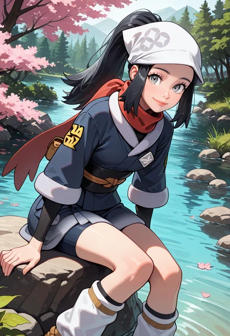 (detailed, 1girl, solo, intricate details, chromatic aberration, realistic:1.2), (beautiful face, lips),  zzAkari, akari (pokemon), solo, black hair, grey eyes, long hair, white headwear, sidelocks, ponytail, black undershirt, jacket, loose socks, red scarf, sash, sitting on a rock, lakeside, gentle breeze, reflective water, warm sunlight, relaxed expression â Sitting quietly on a smooth rock beside a serene lake, zzAkari closes her eyes for a moment, letting the breeze play with the loose ends of her red scarf and sidelocks. Her black hair, tied back in a low ponytail beneath her white headwear, sways gently as sunlight flickers off the waterâs surface, painting shimmering reflections on her dark jacket and soft loose socks. The grey in her eyes mirrors the still water before herâcalm, thoughtful, and quietly determined. One hand rests on the rock, the other gently tugging at her sash, grounding herself in this tranquil pause between journeys. The sound of water lapping at the shore and the soft rustle of leaves brings peace to this fleeting moment of solitude. smile, looking at viewer, (leaning forward:1.2), cherry blossom,   ,<lora:AkariPokemon_IXL_v2:1.0>,