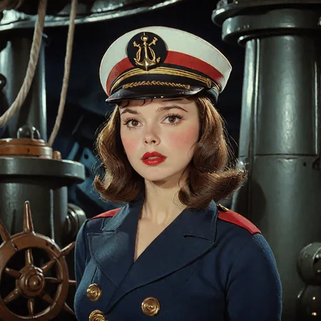 <lora:30s_Technicolor_MovieSDXL:1> ArsMovieStill, movie still from a 1930s technicolor movie, The image shows a woman in a sailor's uniform standing in front of a ship wearing a cap and surrounded by various objects in the background., 1girl, hat, solo, red lips, upper body, brown hair, uniform, realistic, lips, blurry
