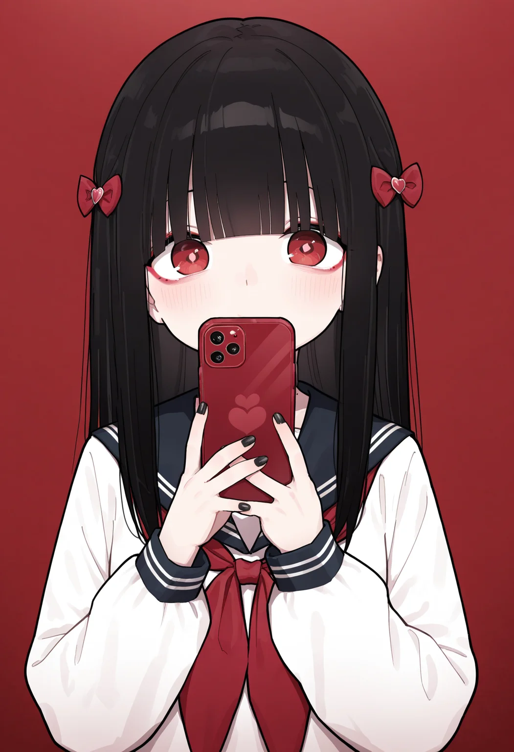 masterpiece,best quality,amazing quality,
1girl, solo, red eyes, red theme, phone, holding, long hair, black hair, bangs, heart, bow, hair ornament, holding phone, hair bow, cellphone, looking at viewer, red bow, sailor collar, school uniform, heart hair ornament, upper body, long sleeves, shirt, blunt bangs, black nails, serafuku, flower, makeup, nail polish, neckerchief, smartphone, red flower,
<lora:Healthyman_epoch_10:1>