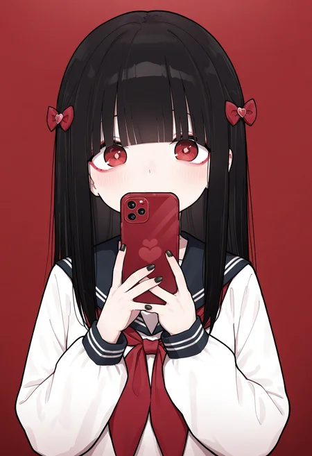 masterpiece,best quality,amazing quality,
1girl, solo, red eyes, red theme, phone, holding, long hair, black hair, bangs, heart, bow, hair ornament, holding phone, hair bow, cellphone, looking at viewer, red bow, sailor collar, school uniform, heart hair ornament, upper body, long sleeves, shirt, blunt bangs, black nails, serafuku, flower, makeup, nail polish, neckerchief, smartphone, red flower,
<lora:Healthyman_epoch_10:1>