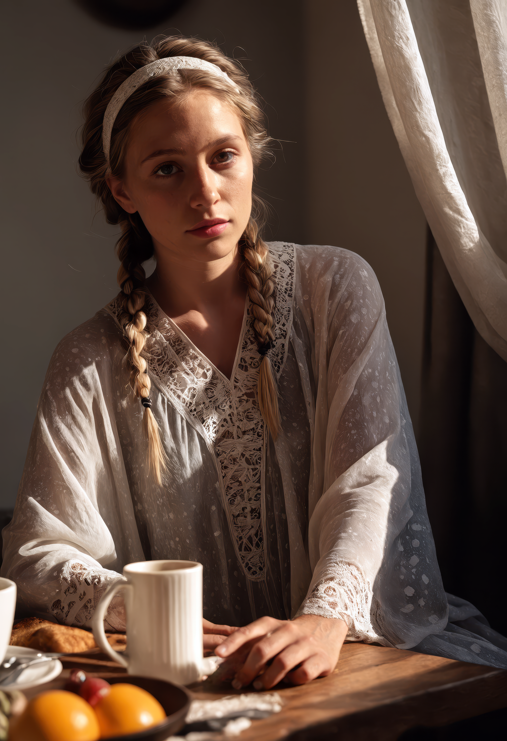 cinematic photo of a Icelandic woman, breakfast nook with lace curtains, wearing loose long sleeve kaftan with ankle-length hem, braided headband with loose waves, modest face expression, dynamic angle, sdxl_cyberpositive_photo