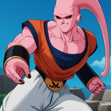 score_9, score_8_up, score_7_up, source_anime, detailed face, buuhandb, 1boy, solo, pink skin, red eyes, black sclera, tentacle, dougi, pants, bracers, looking at viewer, muscular, BREAK, outdoors, blue sky