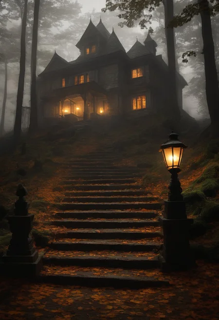 An image of long stone stairs leading to an old haunted hous, little candle powered lanterns placed alongside the stairs, haunted house on top of the stairs, in the dark and spooky forest, fog, mist, smoke, evening time, low light, horror atmosphere, scary, dramatic, hypnotic, etheral, enchanting. Highly detailed, intricate details, cinematic, realism, photorealism, photorealistic, hyperrealistic, volumetric lighting, UHD, 32K,