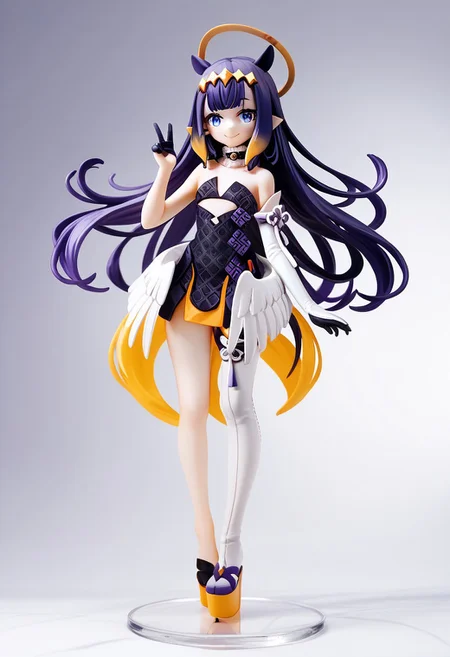 source_anime, score_9, score_8_up, score_7_up,
gradient background, 
full body, smile, hand up, v,
<lora:ninomae_inanis_pony_v1ep08a03:1>
inaDefault, long hair, purple hair, tentacle hair, center-flap bangs, headpiece, halo, pointy ears, blue eyes, mole under eye, [[low wings]], 
fur-trimmed collar, bare shoulders, strapless dress, cutout above navel, detached sleeves, asymmetrical sleeves, half gloves, black gloves, asymmetrical legwear, single thighhigh, platform footwear,