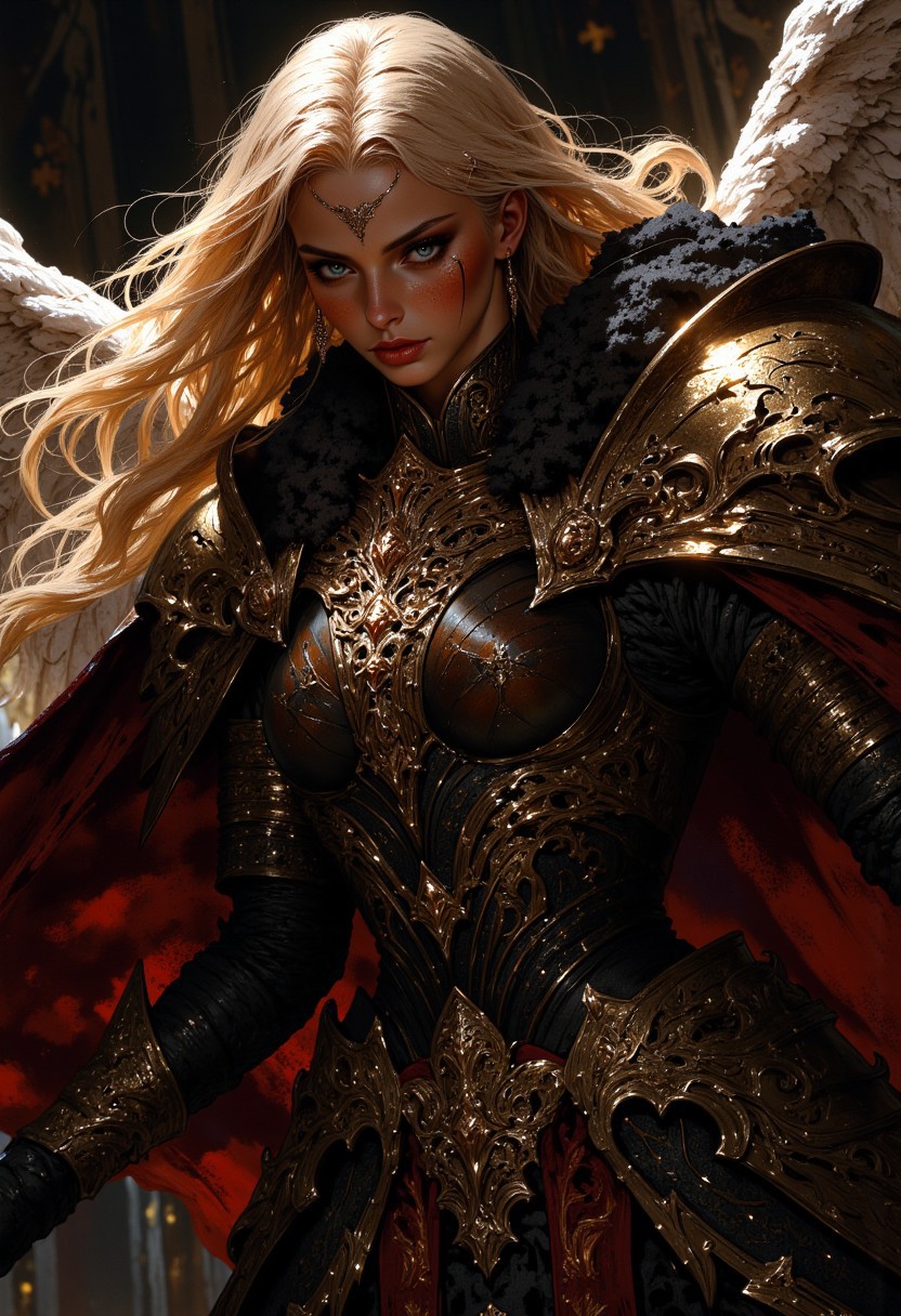 Cinematic shot of a beautiful and stunning female angel in form fitting armor, action pose, blonde long hair, bangs, highly detailed, dramatic lighting, great lighting, cowboy shot, simple painterly background