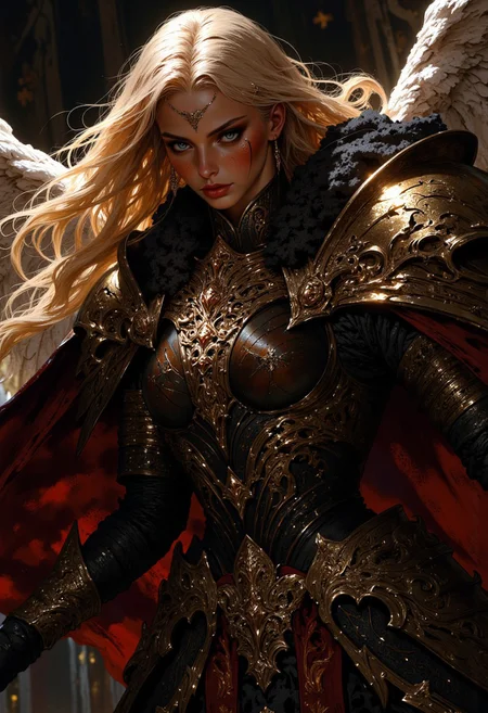 Cinematic shot of a beautiful and stunning female angel in form fitting armor, action pose, blonde long hair, bangs, highly detailed, dramatic lighting, great lighting, cowboy shot, simple painterly background