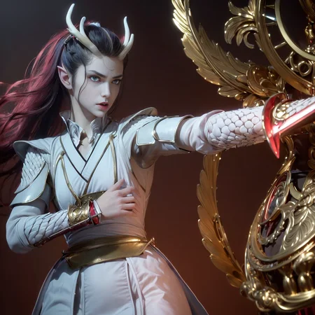 [((Delicate arms and hands),(hands on hilt),Highly Detailed beautiful and aesthetic,extremely detailed CG unity 8k wallpaper,(((masterpiece))),(((best quality))),((ultra-detailed)), ((illustration)), ((an extremely delicate and beautiful)),(painting),(high close up:0.8),(High Score), Ultra Detail,, Detail, Wallpaper,[((samurai sword)):crystal:0.9],[((dragon)):(prims):0.3],clock,[crystal| dragon],((break out)),(floating water:1.2),white hair,(deep red eyes:1.5),(the dragon is around the girl),[((dragon)):((prims)):0.3],[((samurai sword)):crystal:0.9],,clock,(prims:1.4),[((crystal)) :dragon:0.8],((break out)),(floating water:1.2),Perfect female body,slender waist,neat figure,white hair,(deep red eyes:1.5),(shining eyes),hair_bow,hair ribbon,ltz, a man with horns and a helmet on<lora:ltz-10:0.7>