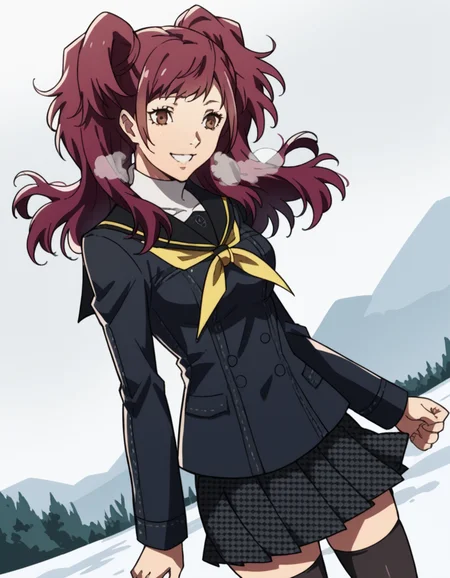 score_9, score_8_up, score_7_up, source_anime, <lora:rise-kujikawa-s1-ponyxl-lora-nochekaiser:1>, rise kujikawa, long hair, red hair, twintails, brown eyes, medium breasts,, skirt, thighhighs, school uniform, serafuku, zettai ryouiki, yasogami school uniform,, snow day, winter clothes, snowball fight, laughter, cold breath, white landscape, , , v, v over eyes, smile, solo,, cowboy shot, dutch angle