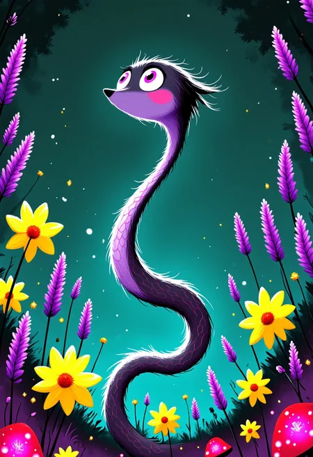 A whimsical illustration of a thin, coiled snake with an impossibly elongated body that weaves through flowers like a living ribbon, in dark whimsical art style, gracefully winding and twisting through tall purple lavender and yellow daffodils, digital painting with smooth brushstrokes creating a pattern of iridescent scales that shimmer with deep purples and emerald greens, moonlit garden background with red spotted toadstools dotting the shadows, characteristic Tim Burton inspired design with large hypnotic violet eyes that seem to glow against its dark scales, flowing body forming perfect spirals around each flower stem