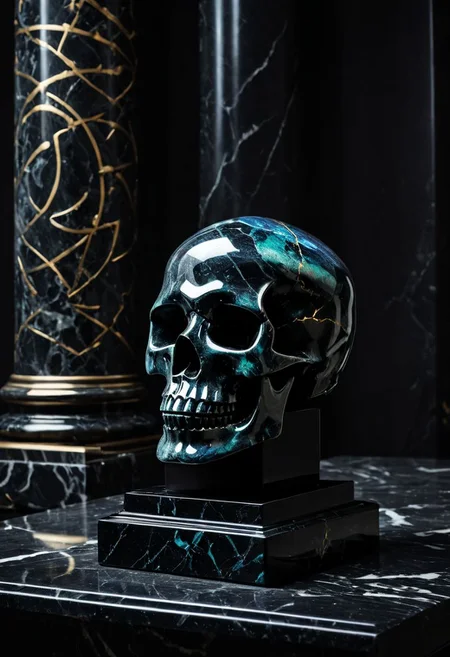 Fujifilm XT3, Sony A7 IV, (award winning photography) a (black: 0.89) marble skull made of opal (Kintsugi: 0.89) set on a pedestal in temple, glistening. in the background beautiful pillars, divine (iridescent: 0.79), opalescent textures, volumetric light, ethereal, sparkling, studio photo, highly detailed, sharp focus (highest quality: 1.39) (highest coherency: 1.39) (award winning photography), highly detailed photography, (muted colors, cinematic, dim colors, soothing tones:1.2), vibrant, insanely detailed, hyperdetailed, (dark shot:1.2), (vsco:0.3), (intricate details:0.9), (hdr, hyperdetailed:1.2) (vignette), sss, raw photo, fijifilm, kodak, cinematic film grain