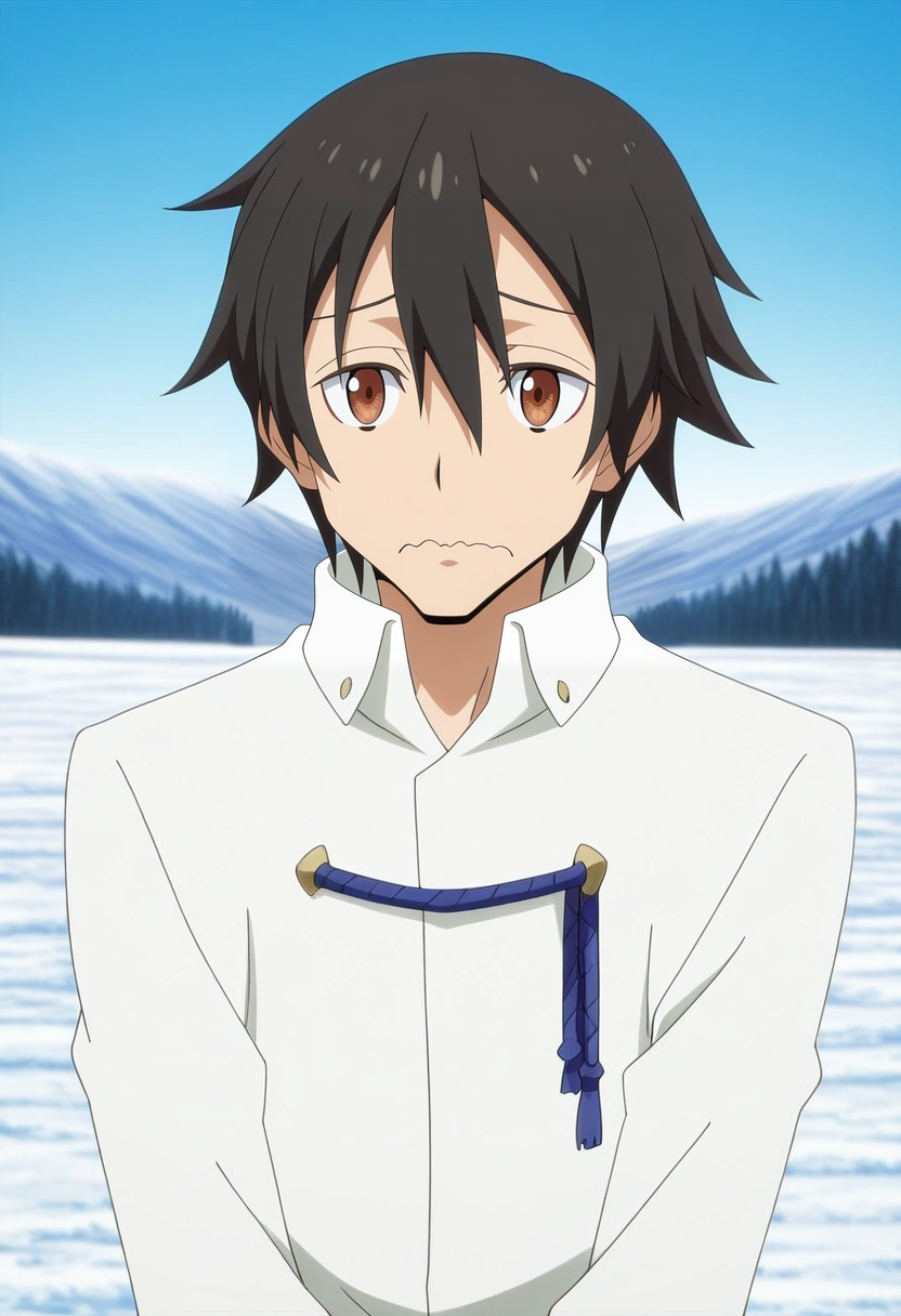 masterpiece, best quality, , anime screencap, anime coloring, official style,, 1boy, solo, male focus, <lora:yuuki_kagurazaka_ilxl:0.98>, yuuki_kagurazaka, black hair, brown eyes, short hair, hair between eyes, , focused, snowy field, midnight, v arms, wavy mouth, closed mouth,