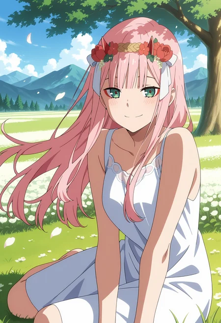 anime screencap, masterpiece, best quality,
<lora:DarlingInTheFranxx_ZeroTwo_IlluXL:0.9>,
1girl, solo, closed mouth, smile, blush, floating hair,
blunt bangs, long hair, pink hair, green eyes, red eyeshadow, red horns, hair flower, head wreath, 
nightgown, sleeveless dress, white dress,
yokozuwari, looking at viewer,
flower field, mountainous horizon, grass, tree, shade, day, falling petals, wind