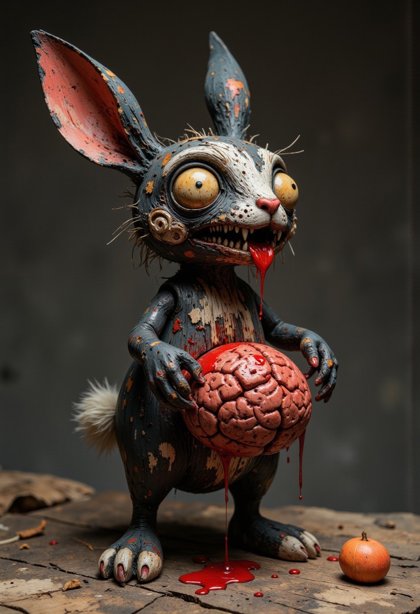 A high-quality, body shot close-up photograph of a ck-owct style hand-painted wooden Christmas toy featuring a skinny one-arm cute little black zombie rabbit with a ripped ear, long teeth and eating a human brain flowing with blood.