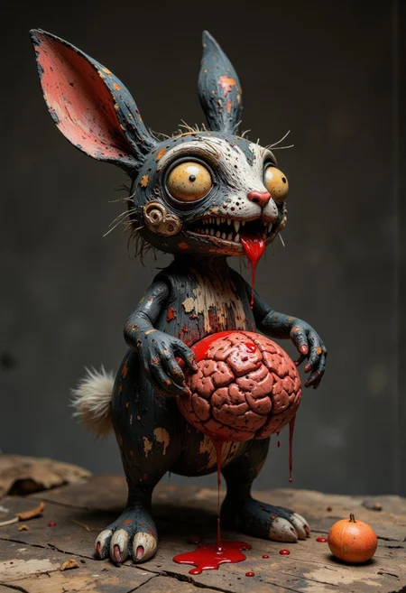 A high-quality, body shot close-up photograph of a ck-owct style hand-painted wooden Christmas toy featuring a skinny one-arm cute little black zombie rabbit with a ripped ear, long teeth and eating a human brain flowing with blood.