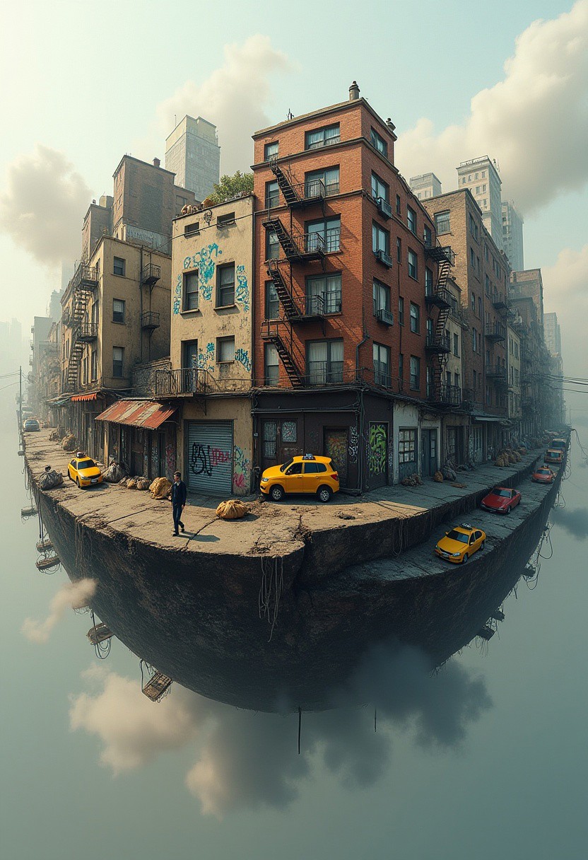 A floating microplanet shows a crowded urban neighborhood, its surface a tightly packed sphere of concrete and brick buildings. Graffiti covers the walls, while narrow streets twist around the planet, congested with yellow taxis and cluttered with garbage bags. From every angle, fire escapes dangle precariously, and utility poles lean over the crumbling sidewalks. The scene feels like a gritty, compressed slice of city life, where every detail is squashed together on this small, hovering orb. Dusty air swirls around, enhancing the dense, chaotic energy of this urban microplanet.