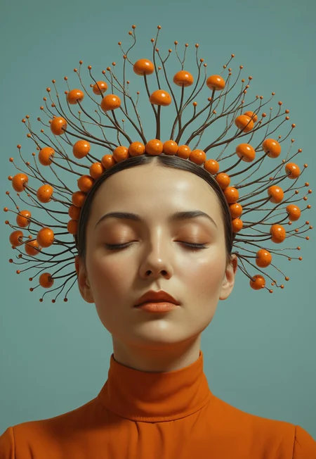 Orange Spore Crown:
A woman with closed eyes and serene expression wears an ethereal crown of orange spores and thin, wiry branches extending outward from her scalp, minimal pastel background, botanical surrealism, soft cinematic lighting, dreamlike focus.
Style tags: Surrealist art, Rafal Olbinski, René Magritte, Jean Arp, Frida Kahlo, Jan van Eyck, William Hogarth, Pierre-Auguste Renoir, Xidong Luo