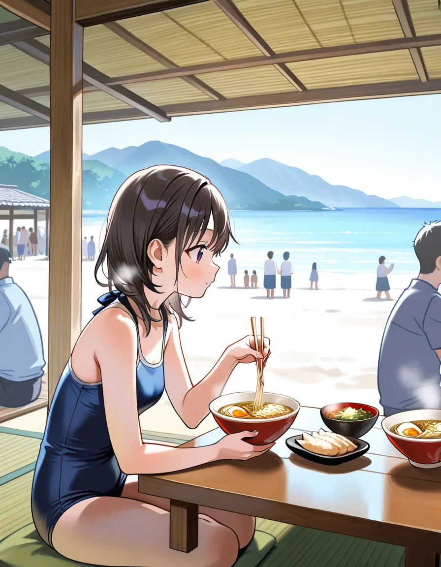 score_7_up, anime BREAK official art, solo, 1girl, one girl, 
<lora:uminoie:1>, uminoie, 
multiple girls, multiple boys, sitting, food, shop, low table, tatami mat, goza, chopsticks, ramen, roof, beach, 
(masterpiece:1.3), best quality, high resolution, unity 8k wallpaper, extremely detailed CG, 8K, (watercolor \(medium\), muted color, sketch:1.1), perfect anatomy, highly finished, masterpiece, best quality, high quality, amazing quality, great quality, very aesthetic, ultra detailed, highres, absurdres, highly detailed, highly detailed background,