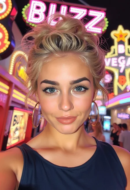 The image is a selfie of a young woman with blonde hair styled in a messy updo. She is wearing a navy blue tank top and gold hoop earrings. Her makeup is natural-looking with a subtle smokey eye and nude lipstick. The background shows a Las Vegas style strip with Neon signs spelling BUZZ everywhere. The woman is looking directly at the camera with a slight smile on her lips.