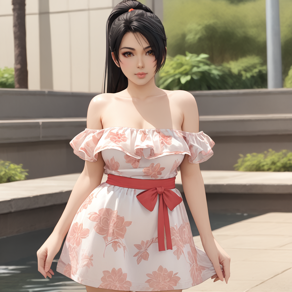 <lora:momijininjagaiden_pony_v1:.8>MomijiNinjaGaiden, 1girl,ponytail, black hair, long hair,  large breasts, lips, brown eyes, cowboy shot,  <lora:floral_offshoulder_dress_v1.1-pony:1> off shoulder dress, floral print