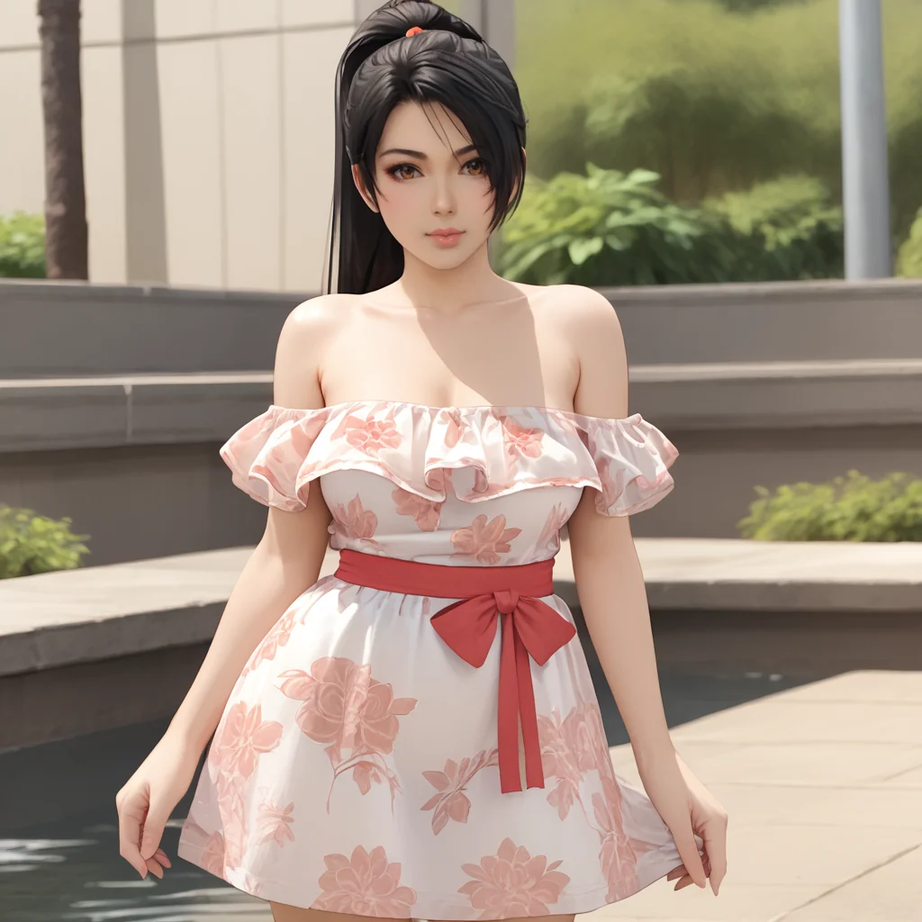 <lora:momijininjagaiden_pony_v1:.8>MomijiNinjaGaiden, 1girl,ponytail, black hair, long hair, large breasts, lips, brown eyes, cowboy shot, <lora:floral_offshoulder_dress_v1.1-pony:1> off shoulder dress, floral print