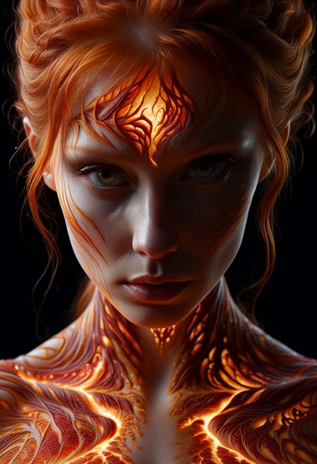 Close-up face, mysterious silhouette of a ginger woman ral-lava clothing, backlit, alluring goddess, by Minjae Lee, Carne Griffiths, Emily Kell, Steve McCurry, Geoffroy Thoorens, Aaron Horkey, Jordan Grimmer, Greg Rutkowski, amazing depth, double exposure, surreal, geometric patterns, intricately detailed, bokeh, perfect balanced, deep fine borders, artistic photorealism , smooth, great masterwork by Suiras <lora:add-detail-xl:2> <lora:Double_Exposure:0.5>