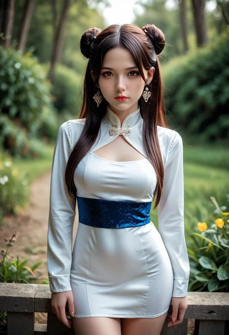 lazypos,masterpiece,ultra-HD,photorealistic,high detail,best quality,very aesthetic,8k,best quality,sharp focus,realistic,three quarter face shot,depth of field,shallow depth of field. 1girl,cowboy_shot,looking at,
viewer,lipstick, makeup,
solo,dress,hair_ornament,long_hair,black_hair,jewelry,white_dress,earrings,expressionless,hair_bun,closed_mouth,chinese_clothes,blue_dress,long_sleeves,brown_hair,medium breasts,thighs,<lora:0 sdxl_lightning_4step_lora:0.7>,<lora:0 cfg_scale_boost:0.7>,<lora:1 xm a½æ¼« pony-c°cµa§¬ee¡£æ³ac_v1.0:0.7>