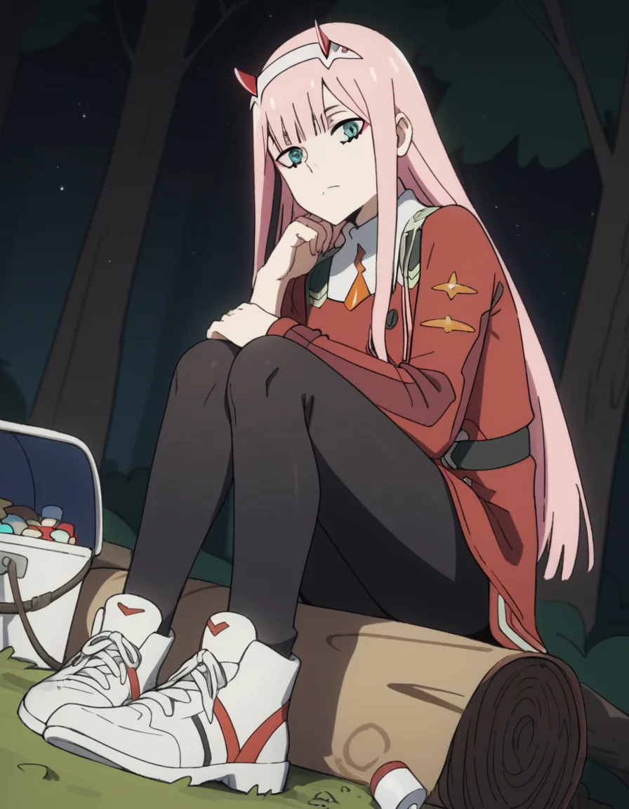 score_9, score_8_up, score_7_up, source_anime, <lora:zero-two-s1-ponyxl-lora-nochekaiser:1>, zero two, zero two \(darling in the franxx\), green eyes, hairband, horns, long hair, pink hair, red horns, white hairband,, jacket, leggings, red jacket, white footwear,, camping, bonfire, tent, stargazing, marshmallows, forest clearing, night, , looking at viewer, elbow out, foot on ground, hand on waist, solo,, cowboy shot, dutch angle