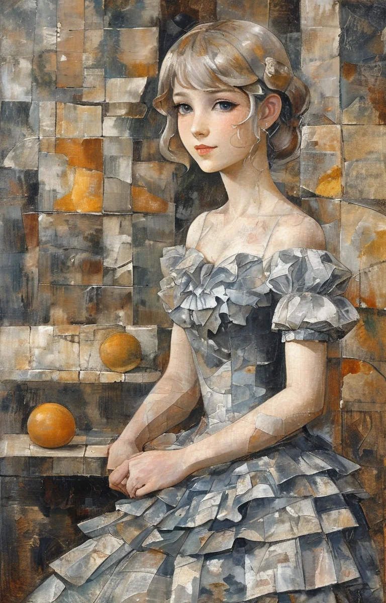 masterpiece,best quality,<lora:tbh215-sdxl:0.9>,illustration,style of Georges Braque portrait of idolmaster cinderella girls,
