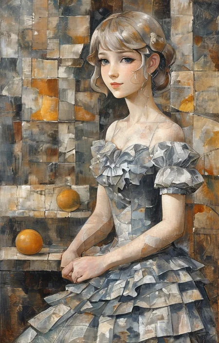 masterpiece,best quality,<lora:tbh215-sdxl:0.9>,illustration,style of Georges Braque portrait of idolmaster cinderella girls,