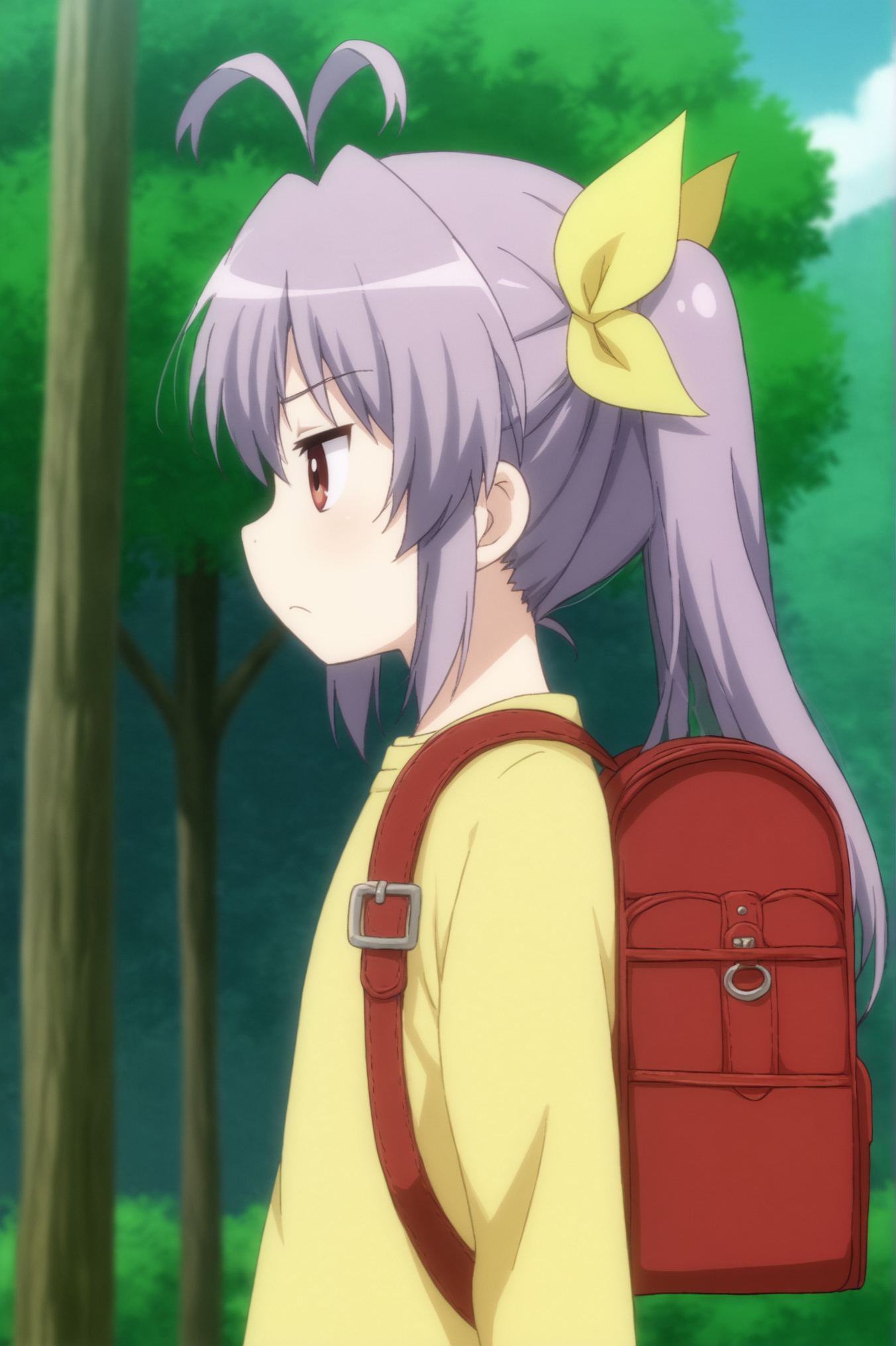 <lora:Renge_Miyauchi:0.7>, Renge Miyauchi, 1girl, solo, shirt, ribbon, closed_mouth, upper_body, outdoors, sky, day, bag, from_side, tree, profile, frown, backpack, yellow_shirt, yellow_ribbon, randoseru, power_lines <lora:sdxl_lightning_4step_lora:1>