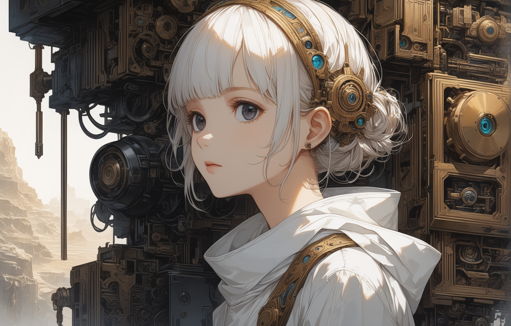 woman, fine white clothes, curiosity. Cute, shy, expressive eyes, full body shot, dark eyes, ancient mechanical devices in the background, Emily Balivet, Tim Blandin, James C. Christensen, Carne Griffiths, (1girl, portrait:0.5)