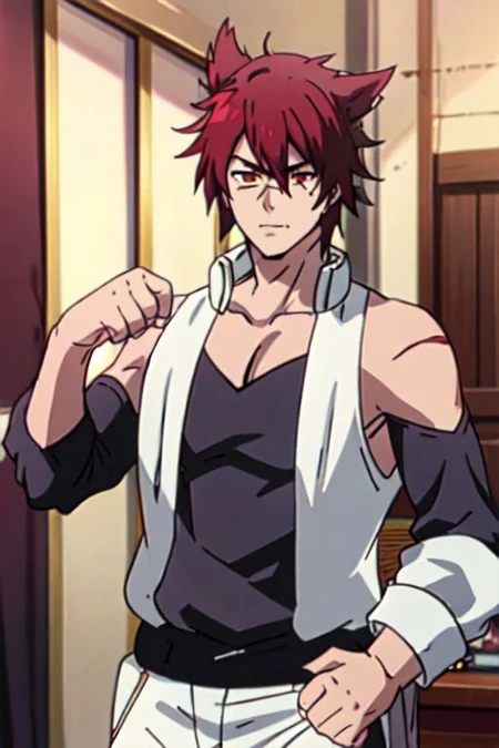 score_9, score_8_up, score_7_up, (hiper quality, super detail, masterpiece), Anime Highly Detailed, high res, looking bossy, low ground view, nice figure, (scar on nose:1.2), shirtless male torso, red hair, square face, square male chin, (feathred owl ears:1.3), red glow cornea, golden ornament with details, symmetrical outfit, wide broad shoulders, small head, huge male arms , league of legends, white pants, <lora:Sett:0.85>, <lora:edob naruto shippuden:1>, <lora:Anime Screencap Style LoRA:1>, perfect face, mature, <lora:EyesGen:0.6>