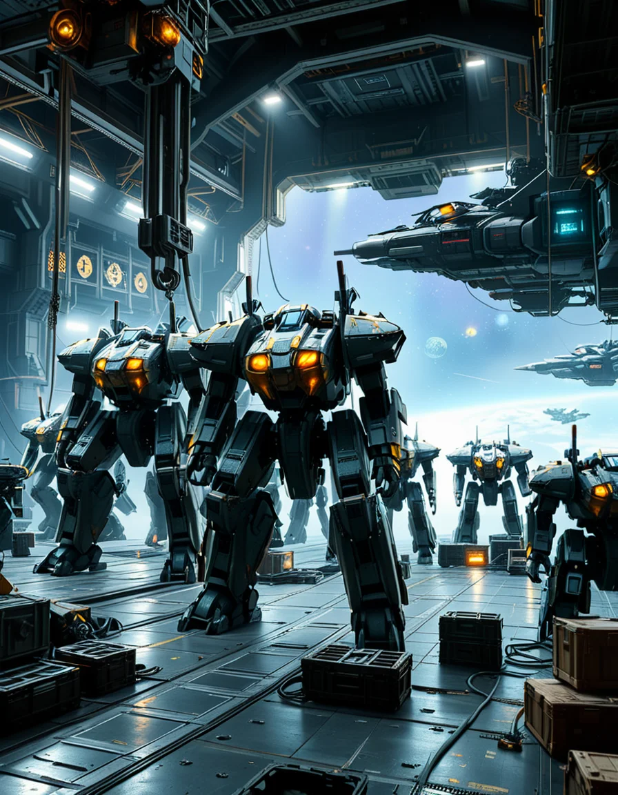 A massive, futuristic spaceship hangar filled with towering battle mechs undergoing maintenance. The hangar is dimly lit, with industrial lighting casting a cold, bluish glow over the metallic surfaces. The high ceiling is lined with steel support beams, catwalks, and suspended cranes used for repairing the massive war machines. The walls are adorned with warning signs, control panels, and illuminated holographic displays providing diagnostic data on the mechs. In the foreground, a colossal mech stands on a heavy-duty platform, its armored plating showing signs of battle damage, with exposed mechanical parts being worked on by robotic arms. The ground is marked with yellow hazard lines and scattered with tools, power cables, and spare parts. Steam rises from various vents, adding to the gritty, industrial feel. In the background, more mechs are stationed in docking bays, with their weapons and mechanical limbs being adjusted by automated repair systems. A large open bay door at the far end reveals the vastness of space, with distant stars and a massive planet visible beyond the hangar. The scene is detailed, immersive, and full of high-tech military sci-fi energy.
<lora:SDXLFaeTastic2400:0.4> <lora:extremely_detailed:0.4> extremely detailed,<lora:mechwarriors_spaceship_h4ng4r:1>,mechwarriors spaceship h4ng4r, Masterpiece,best quality,hi res,8k,hi res,8k,award winning,(sharp focus, intricate, highly detailed),