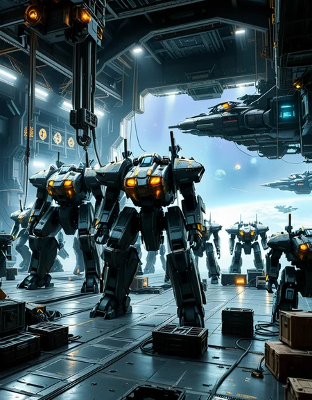 A massive, futuristic spaceship hangar filled with towering battle mechs undergoing maintenance. The hangar is dimly lit, with industrial lighting casting a cold, bluish glow over the metallic surfaces. The high ceiling is lined with steel support beams, catwalks, and suspended cranes used for repairing the massive war machines. The walls are adorned with warning signs, control panels, and illuminated holographic displays providing diagnostic data on the mechs. In the foreground, a colossal mech stands on a heavy-duty platform, its armored plating showing signs of battle damage, with exposed mechanical parts being worked on by robotic arms. The ground is marked with yellow hazard lines and scattered with tools, power cables, and spare parts. Steam rises from various vents, adding to the gritty, industrial feel. In the background, more mechs are stationed in docking bays, with their weapons and mechanical limbs being adjusted by automated repair systems. A large open bay door at the far end reveals the vastness of space, with distant stars and a massive planet visible beyond the hangar. The scene is detailed, immersive, and full of high-tech military sci-fi energy.
<lora:SDXLFaeTastic2400:0.4> <lora:extremely_detailed:0.4> extremely detailed,<lora:mechwarriors_spaceship_h4ng4r:1>,mechwarriors spaceship h4ng4r, Masterpiece,best quality,hi res,8k,hi res,8k,award winning,(sharp focus, intricate, highly detailed),