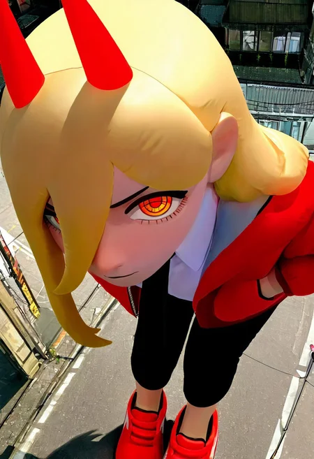 masterpiece, best quality, newest, absurdres, highres, 1girl, black necktie, necktie, solo, long hair, horns, red eyes, shirt, jacket, white shirt, pants, black pants, red footwear, collared shirt, shoes, blonde hair, power \(chainsaw man\), hands in pockets, facing viewer, looking at viewer, ringed eyes, leaning forward, close-up, red jacket, from above, upturned eyes, giantess, inflatable toy,
<lora:tsunotsuno_ill:1>