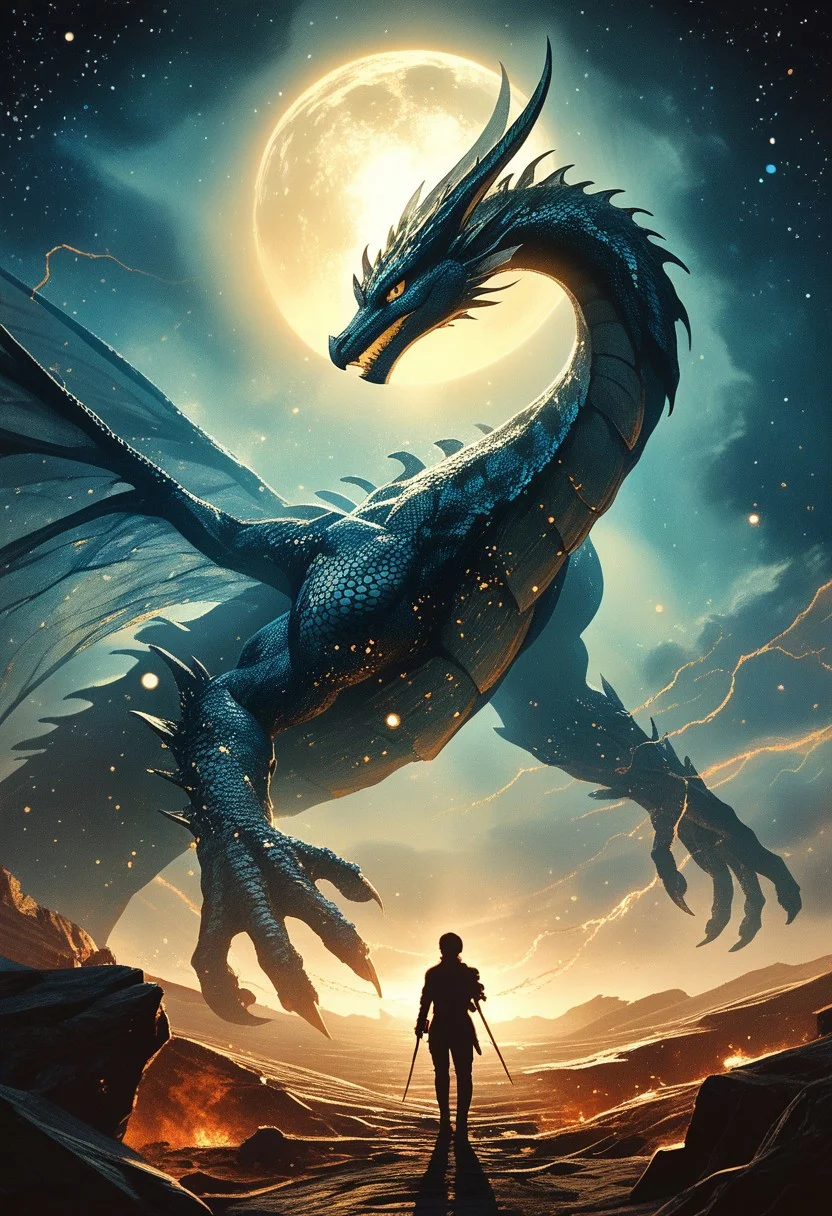 score_9, score_8_up, score_7_up,colossal luminous dragon, photograph captures a moment of epic struggle. Dominating the scene is a translucent dark-blue dragon adorned with luminescent scales, blending seamlessly with its surroundings. Its wings, composed of intricately woven energy threads, shimmer in a spectrum of colors. Amidst the night, its presence exudes a sense of mythical power. Behind it, the swirling hues of a distant galaxy provide a mesmerizing backdrop, weaving tales of cosmic battles and celestial legends. Atmospheric haze, Film grain, cinematic film still, shallow depth of field, highly detailed, high budget, cinemascope, moody, epic, OverallDetail, RAW photo, photorealistic, candid camera, color graded cinematic, eye catchlights, atmospheric lighting, imperfections, natural, shallow dof ,
ral-ertmsphr,