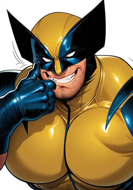 high quality, masterpiece, 2023, 2024, white background, simple background,
bara, solo, portrait,
wolverine (x-men), mask, bodysuit, tight clothing, big pecs, muscular, facial hair, stubble, side burns, arm hair, chin scratch, grinning at viewer, three-quarter portrait