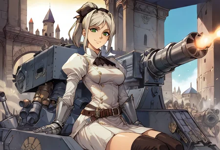 score_9, score_8_up, score_8, score_7_up, score_7, anime of hmkshll, green eyes, platinum blonde hair, high ponytail, bangs, sidelocks, hair ribbon, knight dress, gauntlets, belt, medium breasts, castle, posing for a photo, facing viewer, looking at viewer, female focus, (dynamic lighting:1.1), Sitting on a Cannon, , looking at a Cannon, Culverin, smiling , ground vehicle, military vehicle,bslskspg, basilisk, Basilisk Self-propelled Gun
((masterpiece))