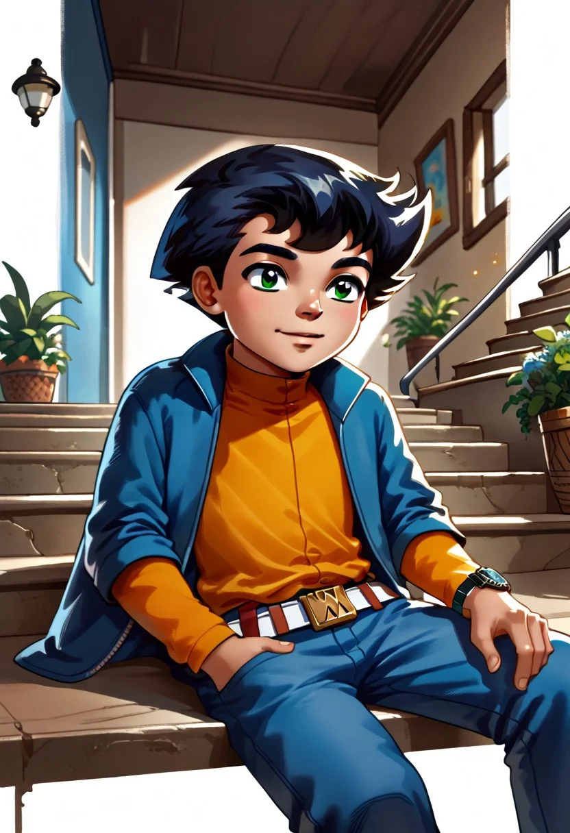 DarirStyle
score_9, score_8_up, score_7_up, highly detailed, cute boy, 1boy, solo, Tony_Clark, Black Hair, Green Eyes, Dark Skin, Blue Jacket, Yellow Shirt, Watch, Blue Pants, Belt, sitting on stairs