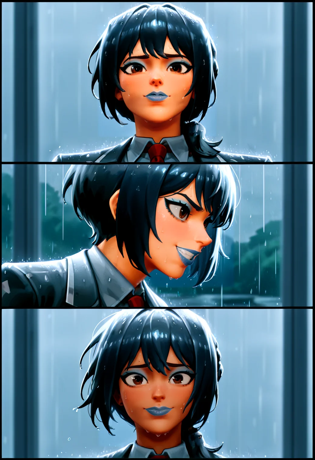 IllustriousQual <lora:StS-Illustrious-Detail-Slider-v1.0:2> <lora:cfg_scale_boost:0.3> <lora:Frozen_Nog_Ops_IL:1> FrozenNogOpsIL, dark skin, dark-skinned female, black hair, grey ponytail, braided hair, brown eyes, blue eyeshadow, blue lipstick, fingerless gloves,detailed_background,indoors,lapels,limbus company,don quixote \(project moon\),teeth,sancho \(project moon\),silver trim,rain,project moon,lennonrine,wide-eyed,clenched teeth,jacket,black border,notched lapels,portrait,multiple girls,highres,coat,black coat,2girls,black jacket,necktie,red eyes,long sleeves,dual persona,upper body,border,red necktie,gold trim