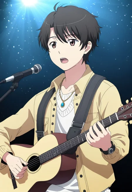 high resolution, solo, best quality, 1Boy, Inaho Kaizuka, Black Hair, Brown Eyes, singing, potrait, dept of field, virtual concert, playing musical instrument, necklace, bracelet, sneakers, OverallDetail
