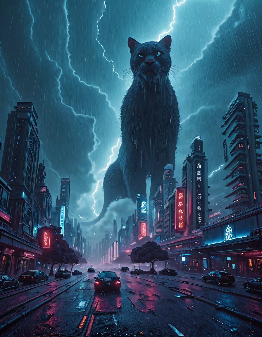 <lora:Space_Worlds_Minis_5:1> swminis5bis, in asia, beautiful landscape, seaside, storm, lightnings, trees, kanji, rain, wet, flowers, car on a half flooded narrow small country road, waves, lots of wind, city skyline in the distance, from below, from side, depth of field, bridge, giant cat monster, paws up !
