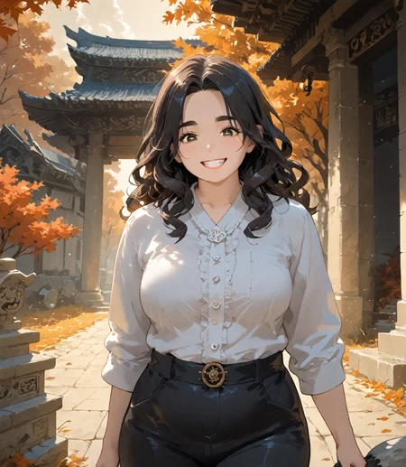PonyScores7, source_anime, ah1, IllustriousQual, <lora:natsumi_style:0.5>, <lora:by_usakun-pony:0.4>, by usakun, <lora:Akina_Bbw_Style_-_PonyXL:0.2>, AkinBw,
BREAK (Establishing Shot),
BREAK 1girl, mature female, (round face), (thick eyebrows), (curvy), round-chin, caucasian, (plump face), <lora:Round_face:0.2>, <lora:ETO_OC_Illustrius:0.5>, eto_oc, skindentation, (plump), thick thighs, wide hips, busty, voluptuous, lips, <lora:venus body PonyXL:0.3>, <lora:shinyskin2:0.2>, glistening skin,
BREAK  (curly hair), long hair, (black hair), (parted hair), messy hair, kinky curls, <lora:hairdetailpxl:0.2>, hairdetailpxl,
BREAK (half green and brown eyes), (colorful eyes), (multicolored eyes), (downturned eyes:1.4), <lora:expressive eyes:0.2>, expressive eyes, <lora:eyedetailpxl:0.2>, eyedetailpxl, <lora:Eyes_High_Definition:0.2>, EyesHD,
BREAK ((Grin)), <lora:Expressive_H:0.2>, Expressiveh, <lora:Emotional_Anime_Expressions_PonyXL_Concept:0.2>, emotional, <lora:Best_Facial_Expression_LoRA_PONY:0.2>, looking at viewer, <lora:Detailed expressive EXEV style -XL Pony V1.0:0.2>, FaceDetail,
BREAK ((The woman, her face pale but her eyes resolute, held her ground as the other men, their faces pale with fear, scrambled to get away from the approaching storm, her calm, steady voice, a counterpoint to the howling wind, reassured them)),
BREAK vandyke brown virtuality metal Tie-front blouse, wide-leg pants, and pumps,
BREAK (((An autumn afternoon in Báº¯c Ninh, showcasing the ancient ÄÃ¬nh Báº¯c Ninh temple amidst golden foliage, Leaves gently fall around the intricate architecture, with warm sunlight illuminating the stone carvings, creating a peaceful atmosphere rich in cultural heritage))),
BREAK <lora:xl_more_art-full_v1:0.2>, <lora:aesthetic_anime_v1s:0.2>, <lora:EpicF4nta5yXL:0.2>, <lora:detailxl:0.2>, detailxl, <lora:Fant5yP0ny:0.2>, best quality, amazing quality, best aesthetic, absurdres, illustration, Volumetric_Lighting, ultra-detailed, very aesthetic, intricate details, 8k, masterpiece, best_quality
BREAK Stable_Yogis_PDXL_Positives, AS-Adult, <lora:Complicated fantasy portrait - XL Pony V2.0:0.2>, bad-hands-5, <lora:HDA_Detailer:0.3>, HDA_FatGirlXL,