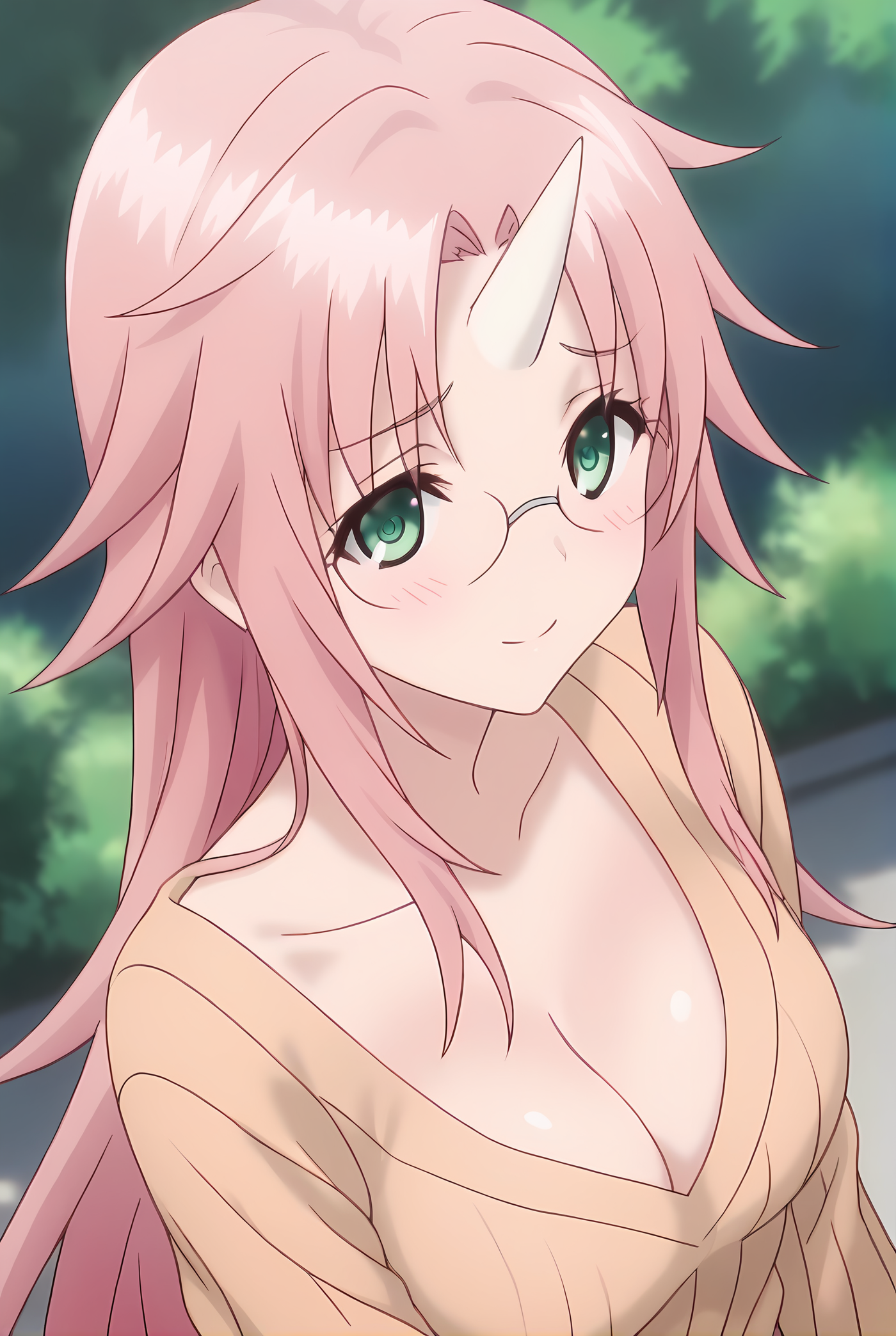 (sweater cleavage:1.40), ys-nonko, pink hair, long hair, green eyes, glasses,
1girl, solo, skinny, score_9, score_8_up, score_8, score_7_up, score_7, score_6_up, score_6, score_5_up, score_5, source_anime,
(horny:1.30),
0.2:outdoors forest,
(close-up:1.20), feet,
<lora:ys-nonko-V01-000004:1.00>, (medium breasts), single horn