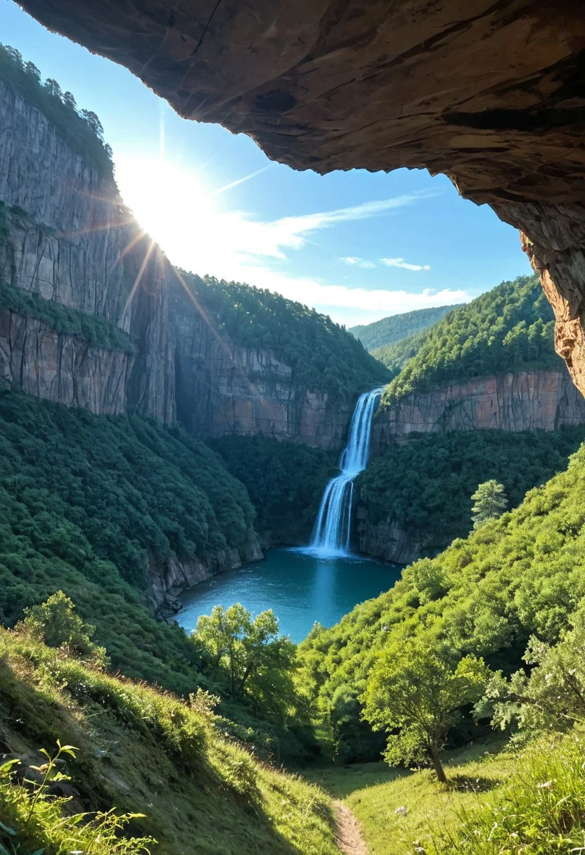 A sprawling valley of cascading waterfalls cutting through layered sandstone cliffs, viewed from a sweeping aerial perspective that reveals turquoise plunge pools and winding river networks. Golden-hour sunlight pierces mist rising from thunderous falls, illuminating intricate textures of water-smoothed rock strata and vibrant moss colonies clinging to vertical surfaces. Close-up details of fern fronds trembling in the perpetual spray, their fractal patterns echoed in the dendritic river deltas below. Low-angle shots framing monolithic cliff faces against swirling cloud formations, while tracking perspectives follow ibex traversing narrow ledges above abyssal gorges. Ultra-detailed 8k rendering captures every water droplet in mid-air suspension and crystalline reflections in ancient rockpools. A symphony of emerald, amber, and sapphire hues created by mineral-rich waters, lichen communities, and twilight's deepening azure gradients across the canyon's stratified geology.igbaddie, zPDXL3, skin detail, close up, zPDXLxxx, zPDXLpg, zPDXLrl, zPDXL2